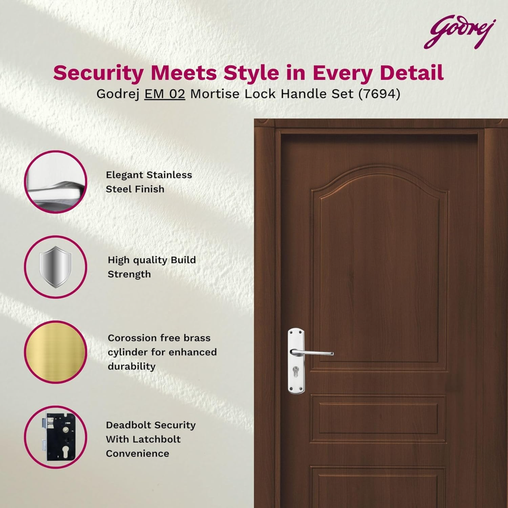 Godrej Mortise Lock I Handle Set 1CK EM02 I Satin Steel Finish I 6-Lever Lock I 3 Keys I Double Throw I Left or Right Handed Door Operation I Mortise Lock with Latch for Home | 5 Years Warranty